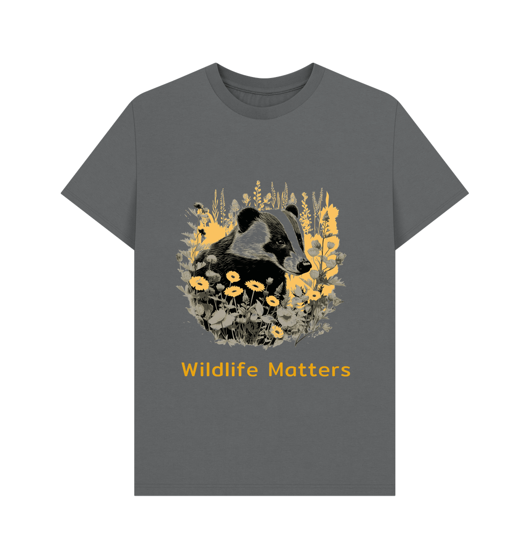 Slate Grey Wildlife Matters Badger T shirt Mens